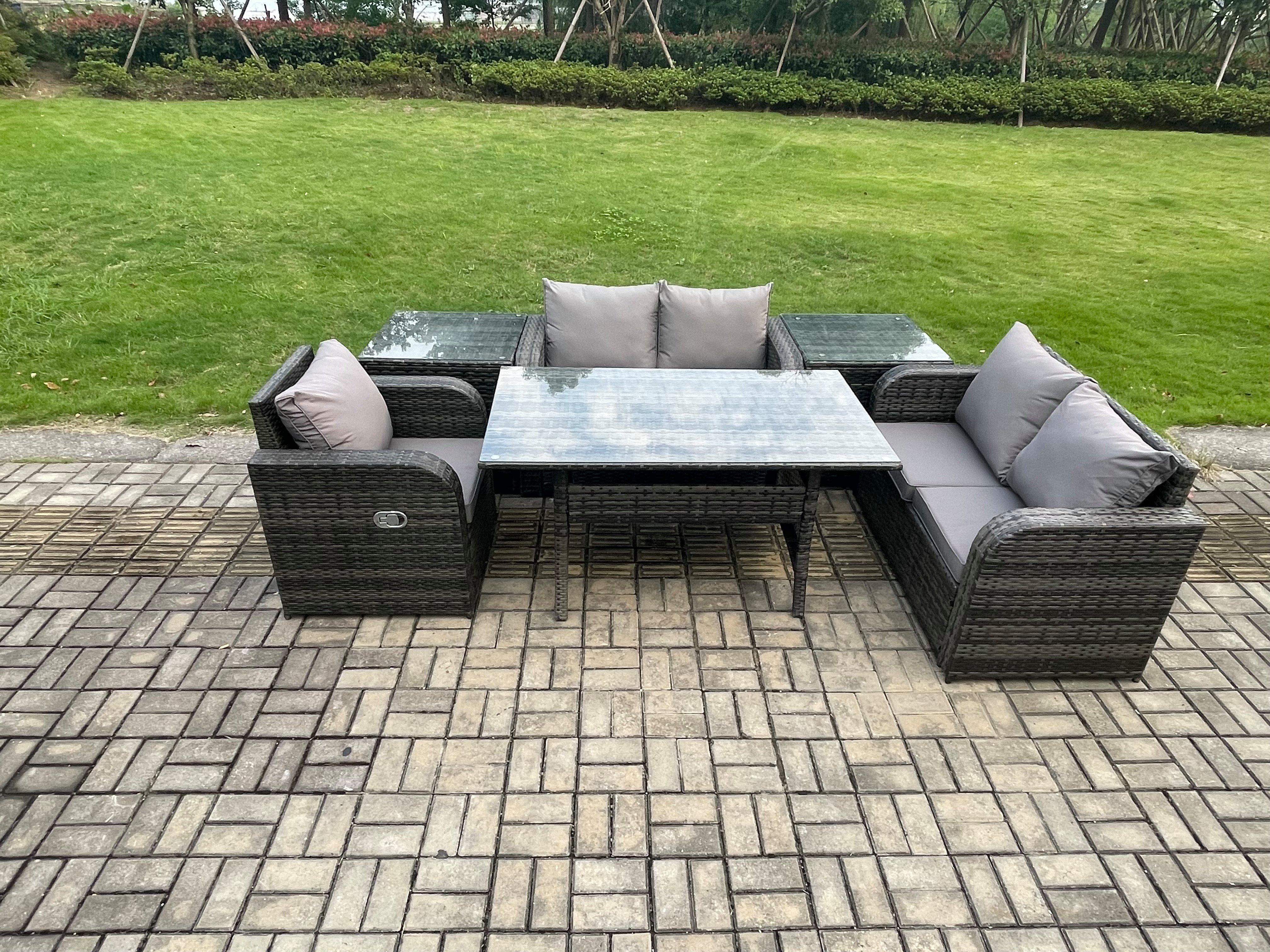 Lounge Rattan Sofa Set Outdoor Garden Furniture Oblong Rectangular Dining Table With Chairs 2 Side T